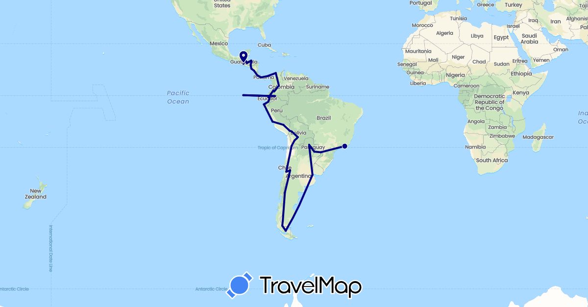 TravelMap itinerary: driving in Argentina, Bolivia, Brazil, Chile, Colombia, Costa Rica, Ecuador, Guatemala, Honduras, Nicaragua, Panama, Peru, Paraguay (North America, South America)